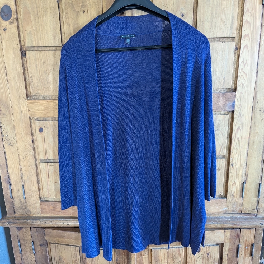 Eileen Fisher Blue Knit Cardigan Sweater Lyocell Merino Wool L Swim Cover